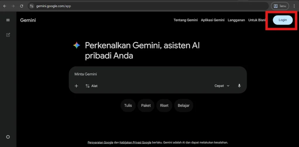 Tampilan Gemini AI - Login