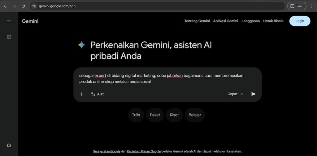Tampilan Gemini AI dengan Prompt