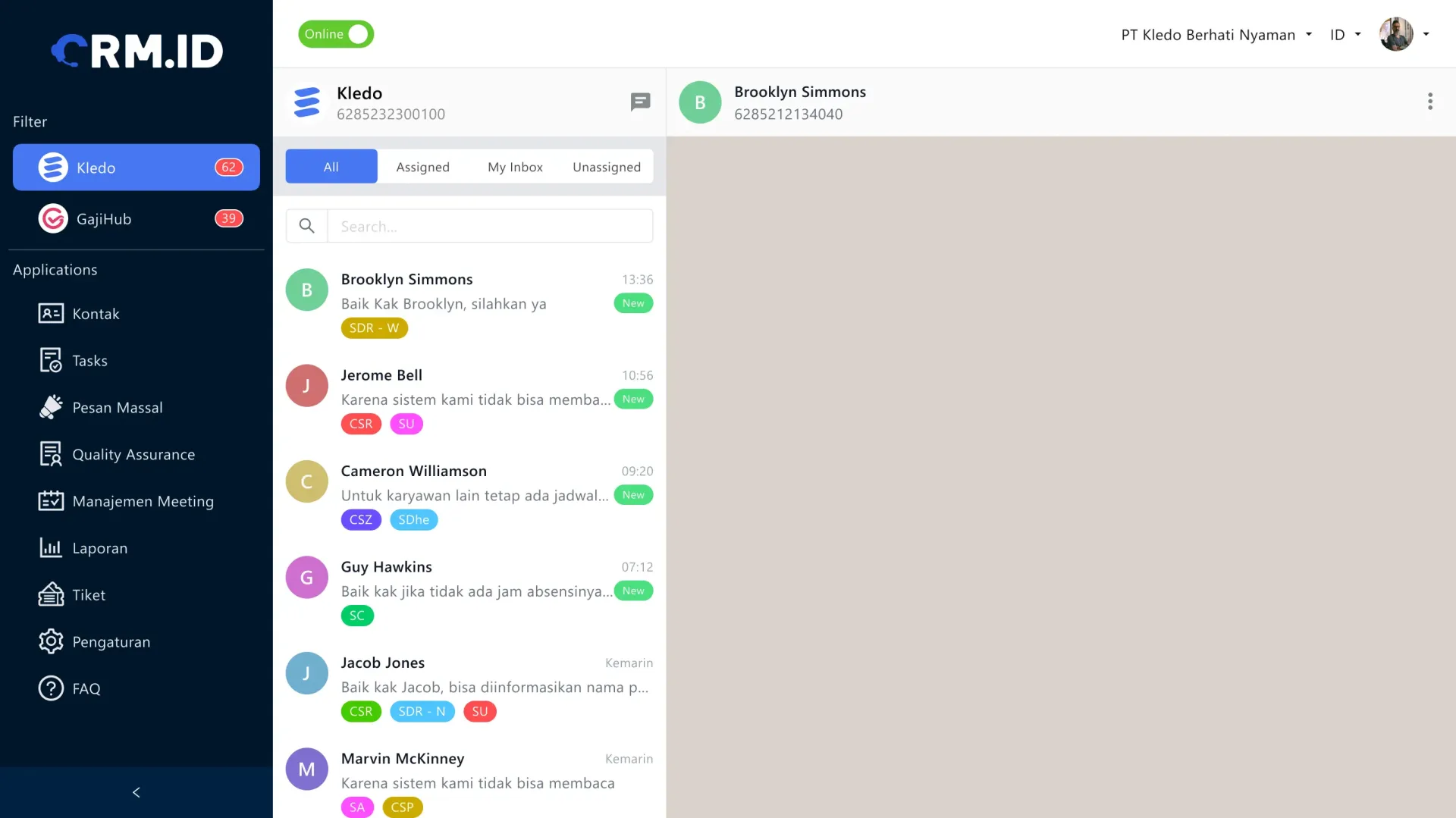 Tampilan aplikasi CRM.ID: inbox WhatsApp multi-agen